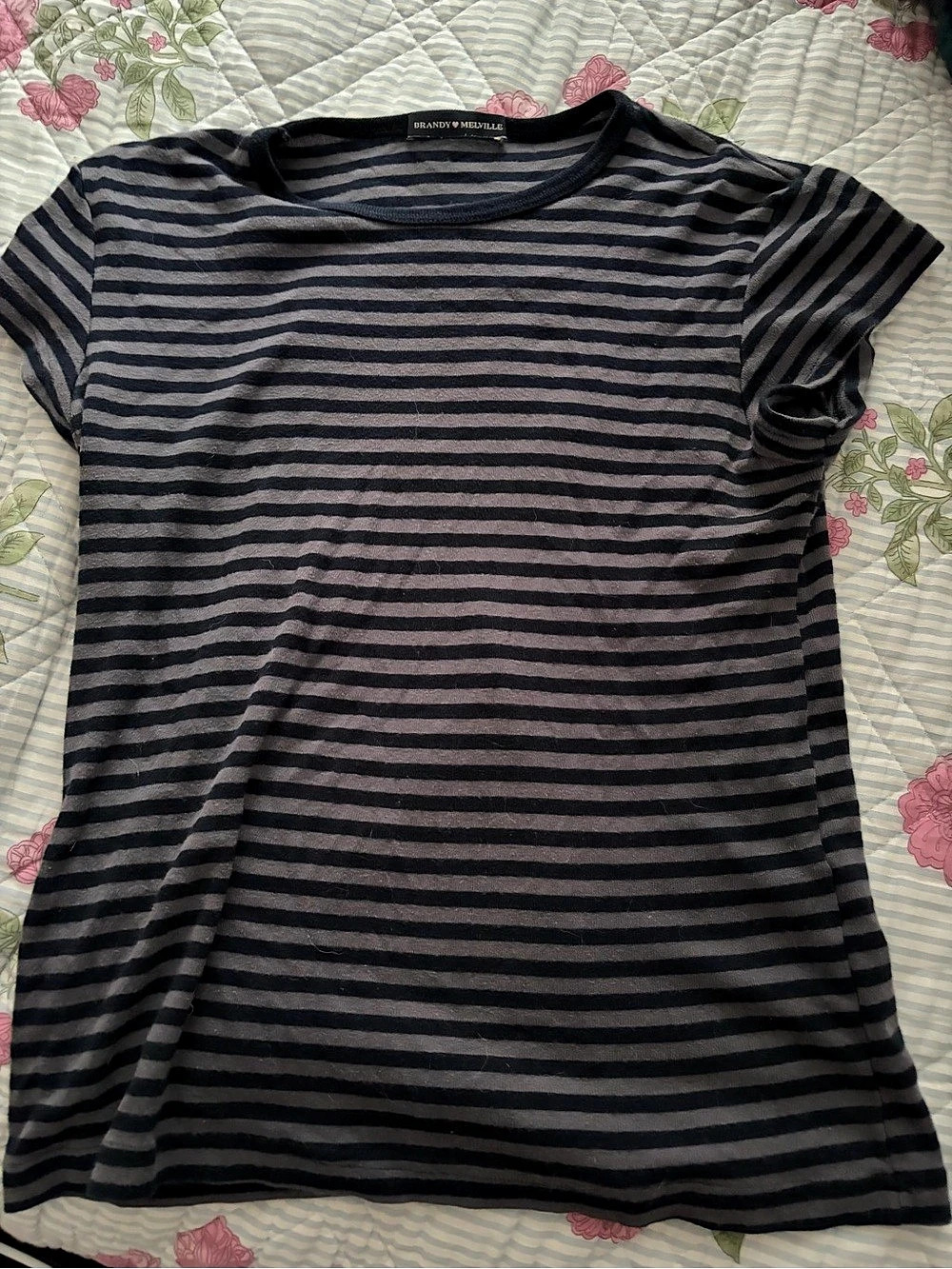 Brandy Melville Striped Short Sleeve Tee in Navy